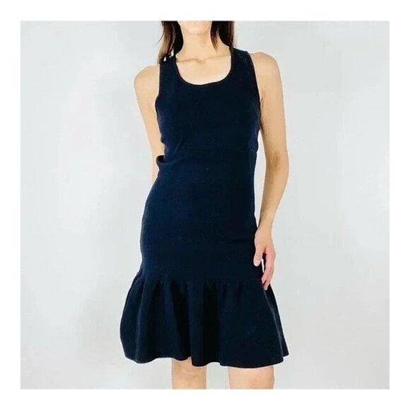 SANDRO Scoop Neck Ribbed Mini Dress in Navy Blue Stretch Cotton - Picture 5 of 11